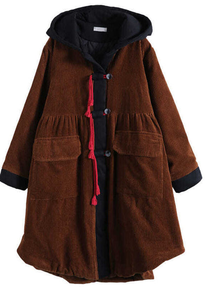 Tea Green Hooded Button Pockets Patchwork Winter Cotton Parka Long Sleeve Coat