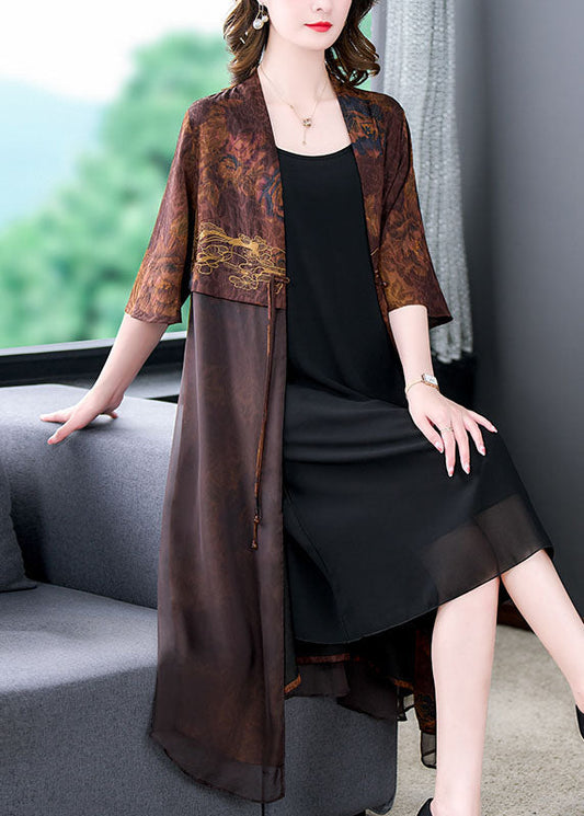 Coffee Tasseled Print Patchwork Silk Cardigan Summer