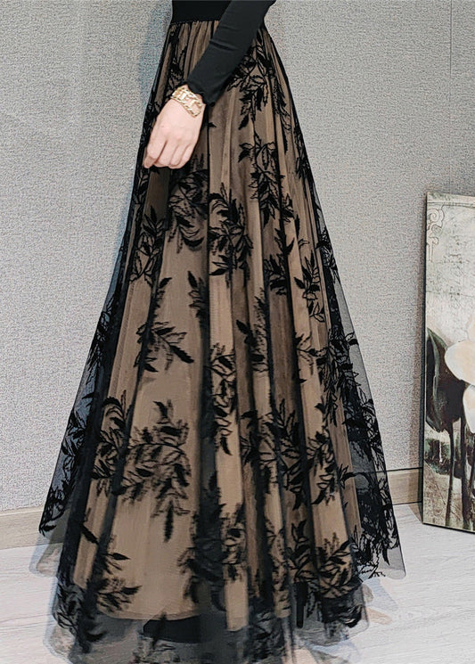 Novelty Chocolate Embroideried High Waist Draping Tulle Maxi Skirt Spring