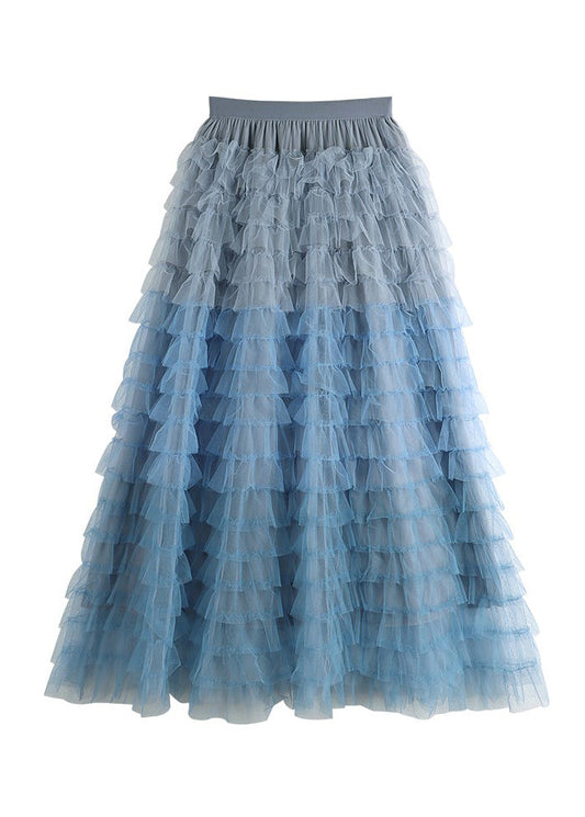 Blue High Waist Patchwork Tulle a Line Skirts Summer