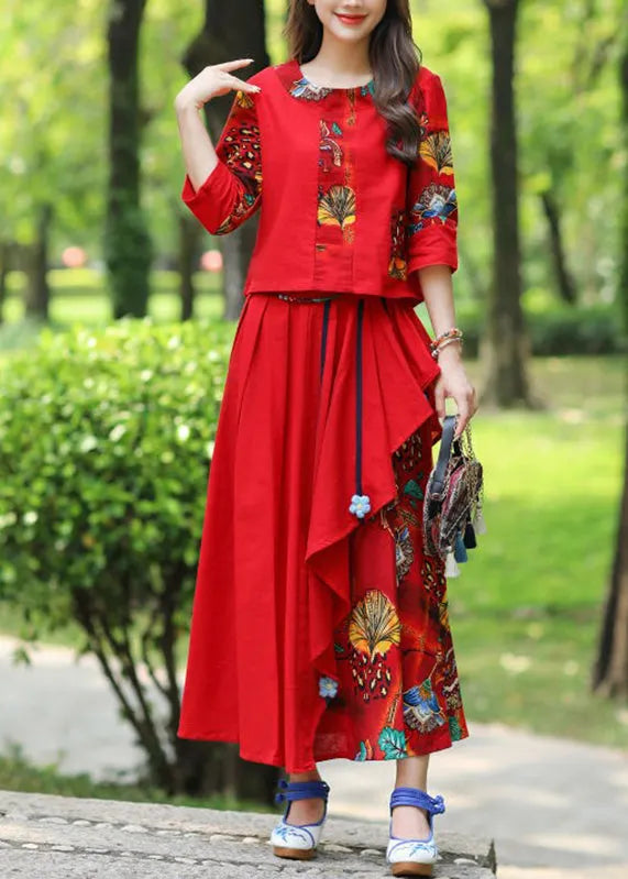 Red O-neck Button Top and Skirts Two Piece Set Fall
