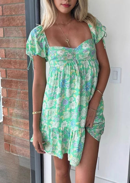 Green Print Patchwork Mid Dresses Short Sleeve