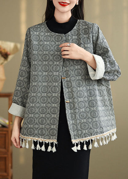 Chinese Style O-neck Tassel Jacquard Cotton Coat Spring