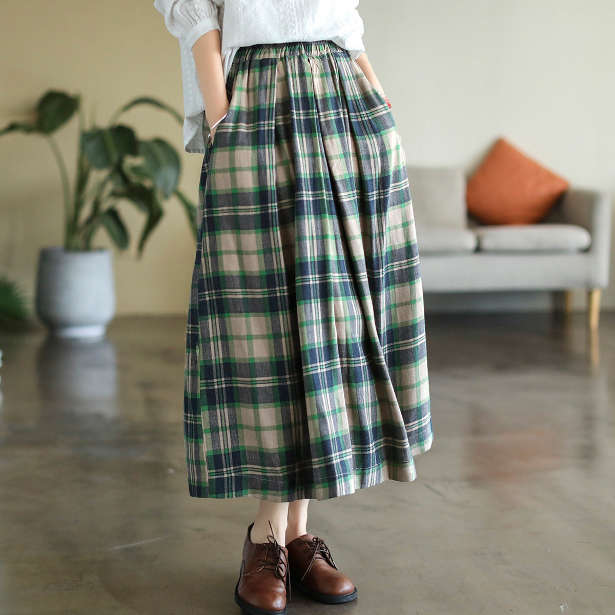 Cotton and Linen Check Elastic High Waist A-line Skirt