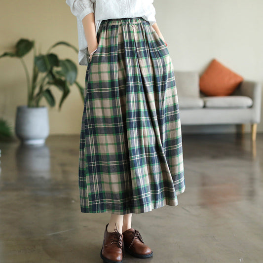 Cotton and Linen Check Elastic High Waist A-line Skirt