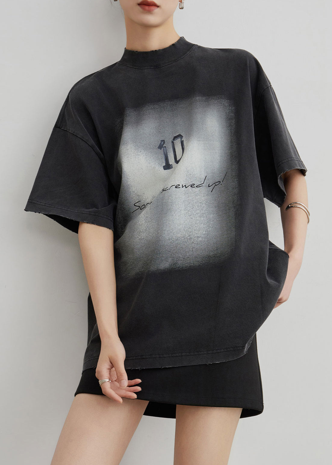 Black O Neck Print Cotton T Shirt Summer