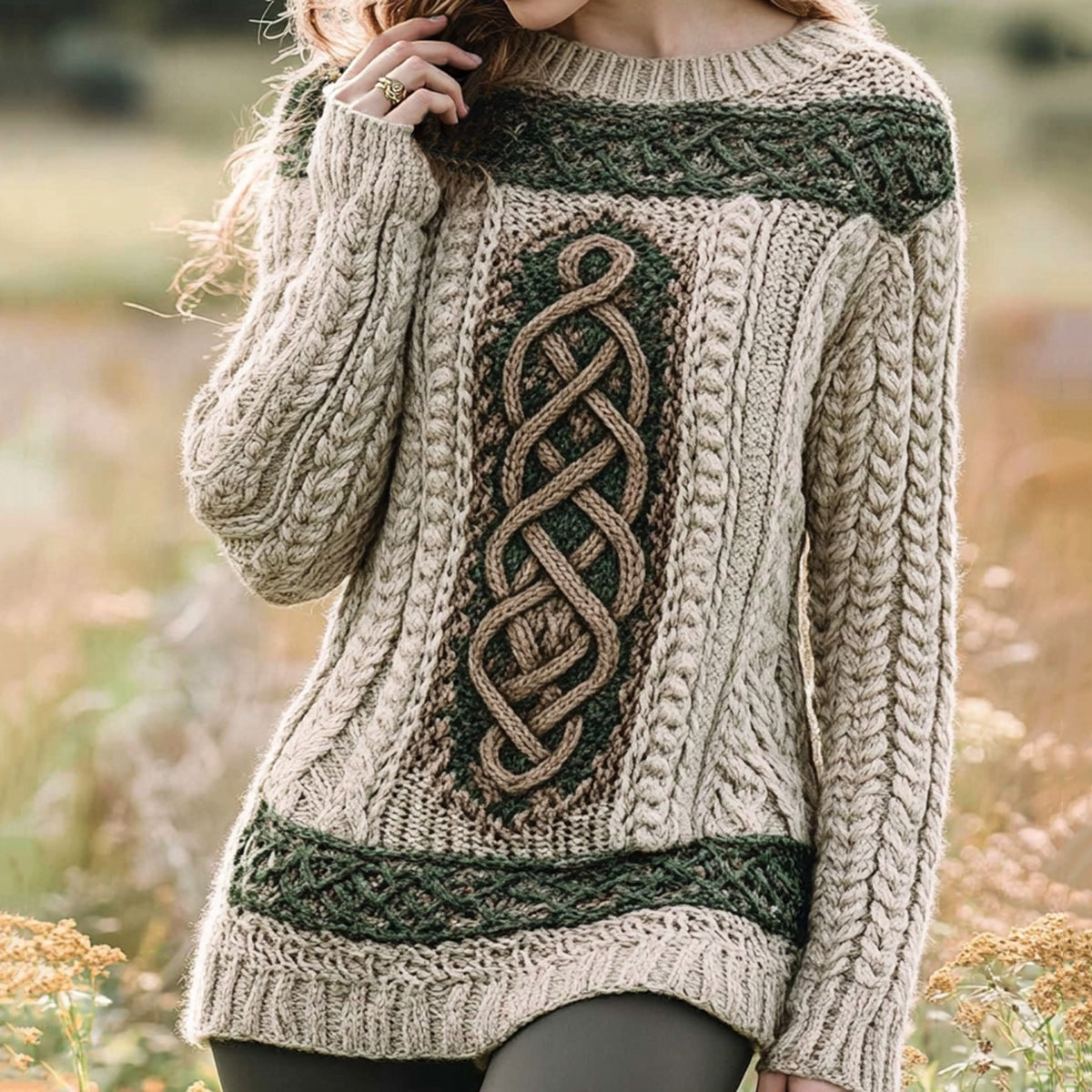 Women's Irish Celtic Knot Jacquard Contrast Sweater artswardrobe