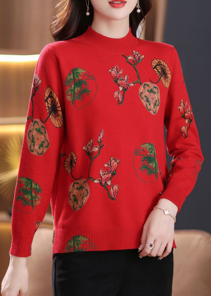 Red Print Cozy Wool Knit Top O-neck Long Sleeve