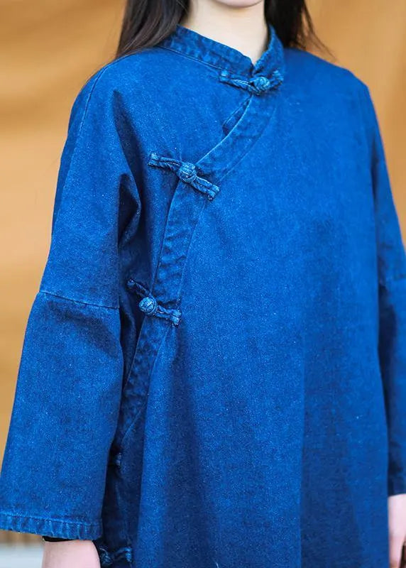 Loose Stand Collar Tunic Photography Denim Light Blue Dress
