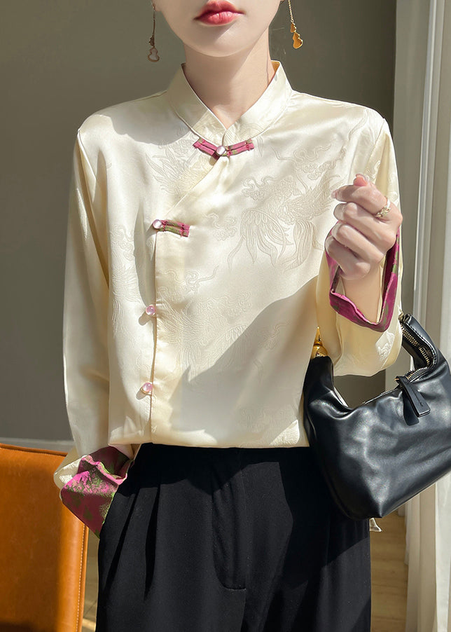 Champagne Stand Collar Button Silk Shirts Fall