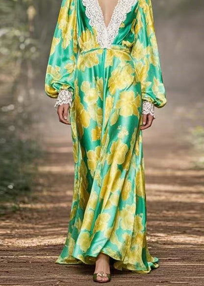 Green V Neck Print Lace Patchwork Silk Dress Spring