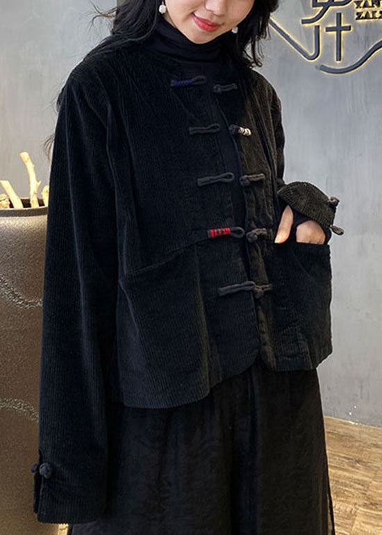 Red Button O-neck Pockets Corduroy Coats