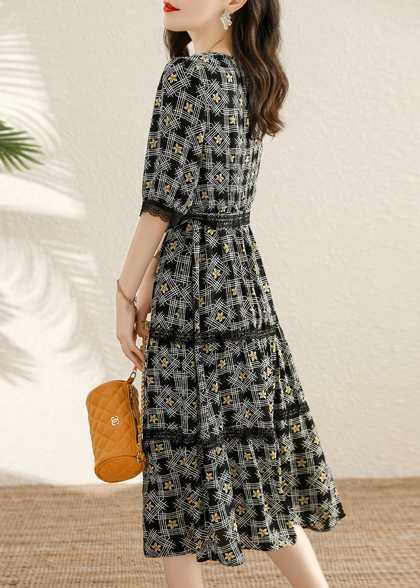 Black V Neck Print Tie Waist Cotton Long Dresses Half Sleeve