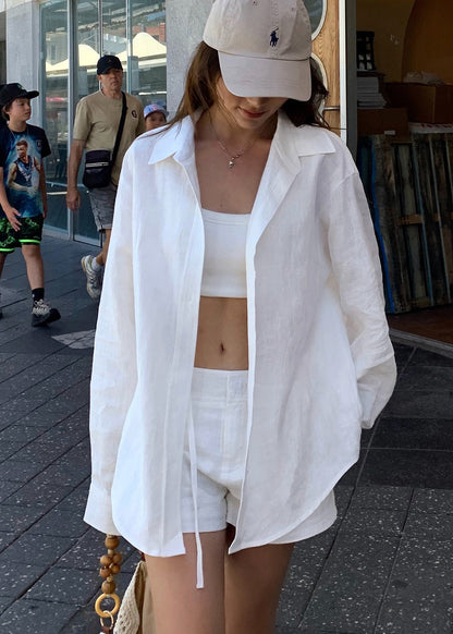 New White Peter Pan Collar Shirts and Shorts Linen Outfit Summer