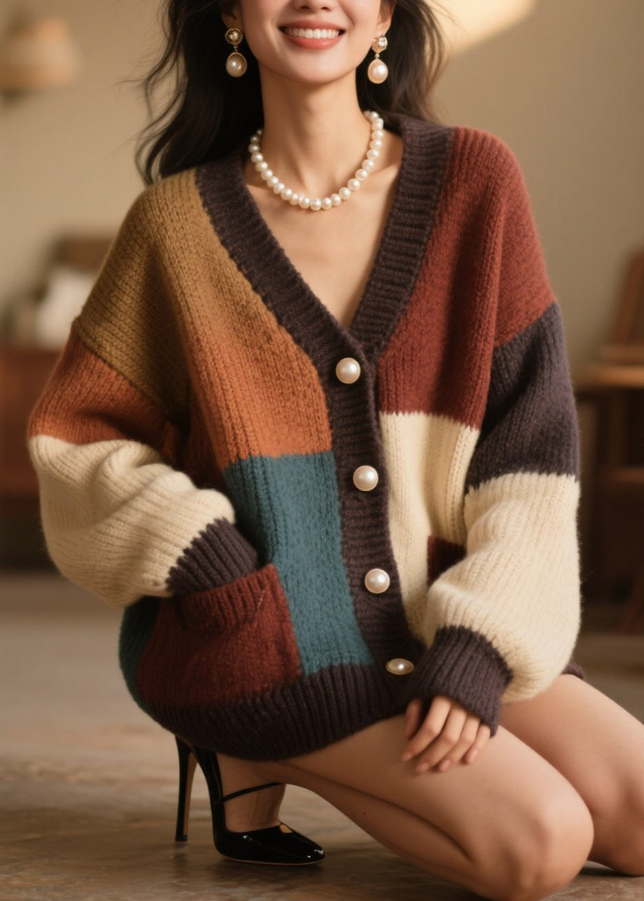 Colorblock Button Pockets Knit Cardigan Fall
