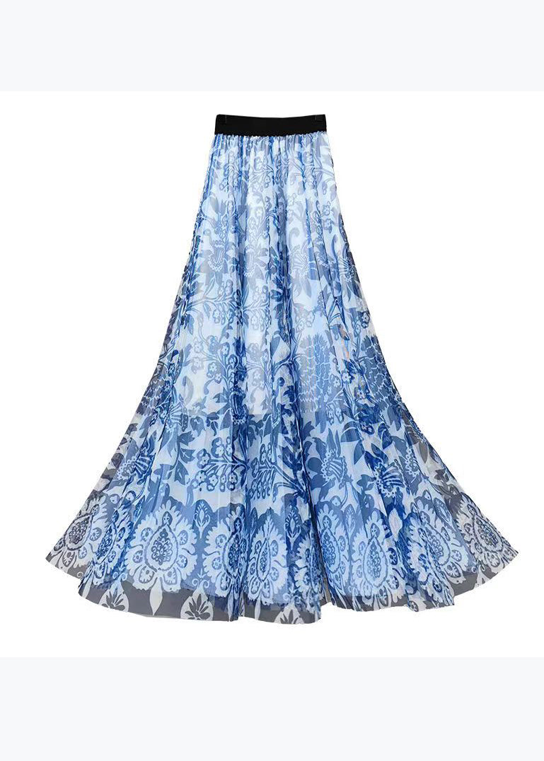 Blue Print High Waist Exra Large Hem Tulle Skirts Spring