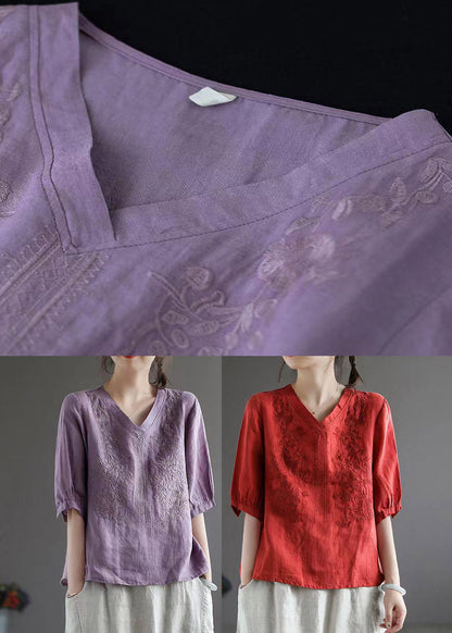 Red V Neck Embroideried Top Half Sleeve