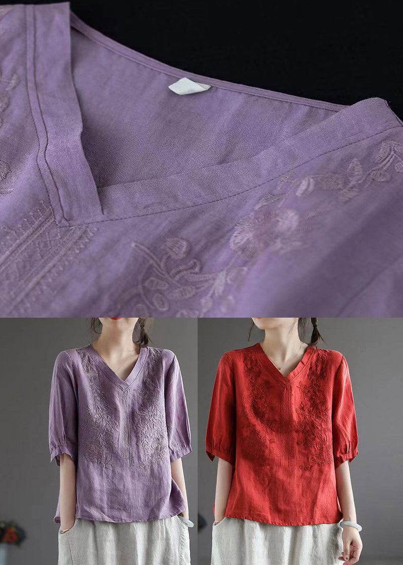 Red V Neck Embroideried Top Half Sleeve