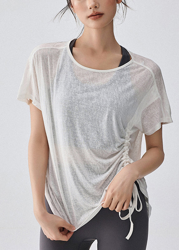 White Drawstring Short Sleeve Yoga Top