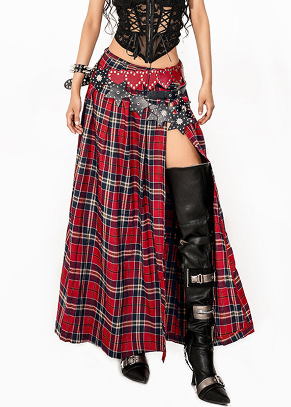 Red Asymmetrical Red Plaid Side Open a Line Skirt Summer