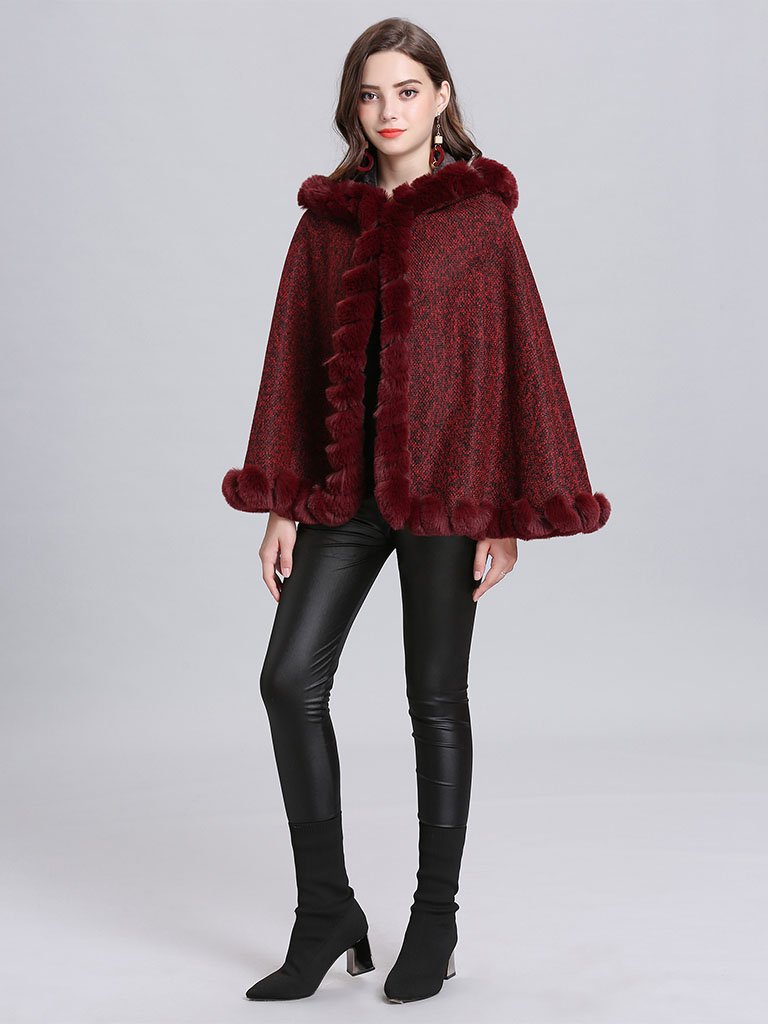 Hooded Winter Coat Faux Fur Long Sleeve Open Front Luxurious Cape Coat for