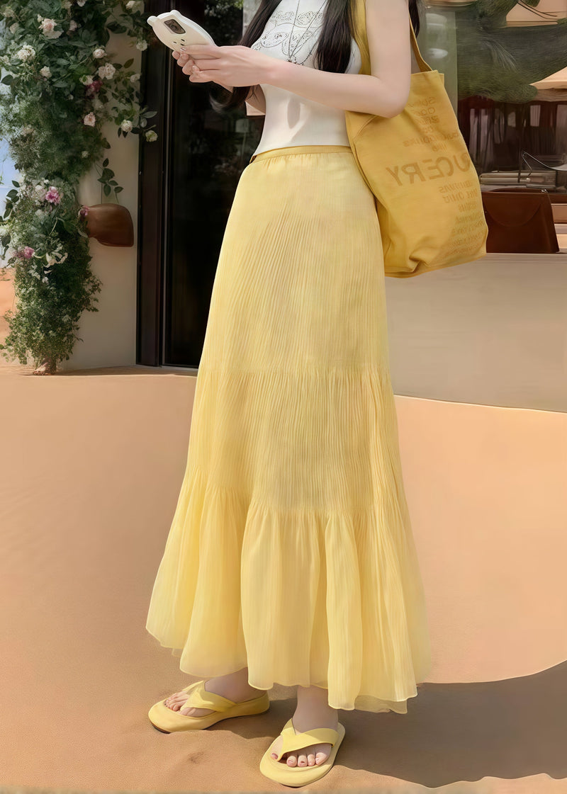 Yellow Elastic Waist Wrinkled Holiday Skirt Summer