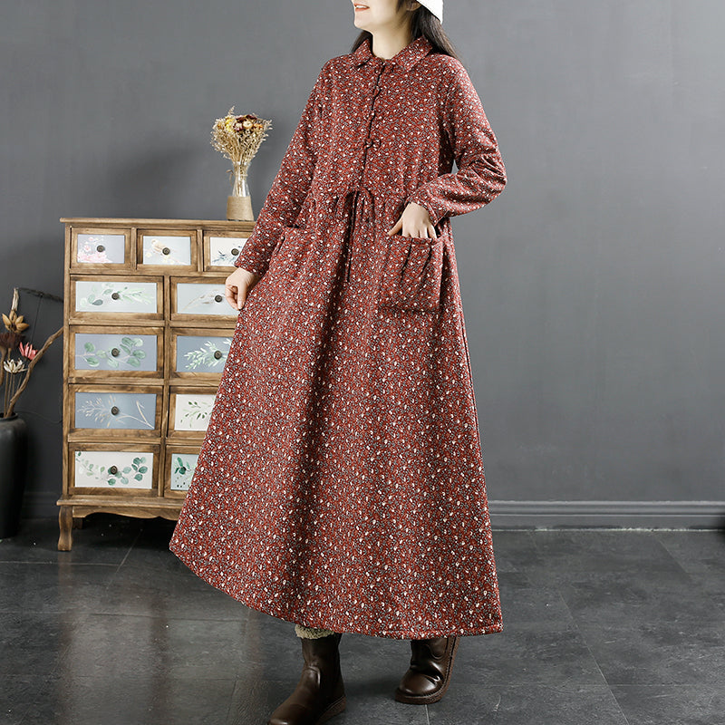 Winter Retro Furred Cotton Linen Dress