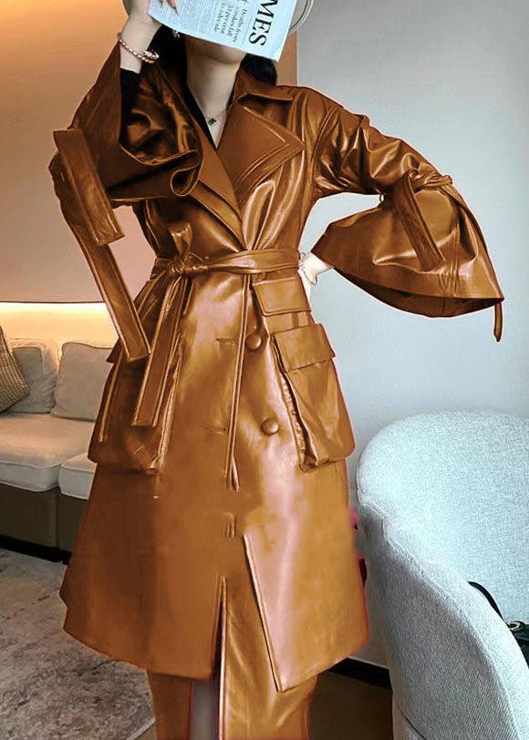 Caramel Tie Waist Pockets Faux Leather Trench Coat Flare Sleeve