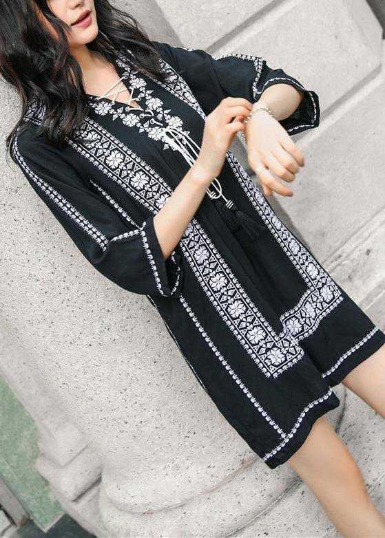 Loose Navy Embroidered Lace Up Cotton Mid Dress Bracelet Sleeve