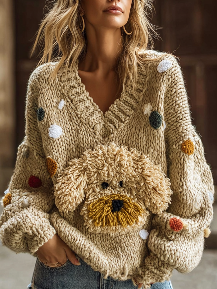 Lady Retro Cute Dog Plush Comfortable Knitted Sweater. elevenforest