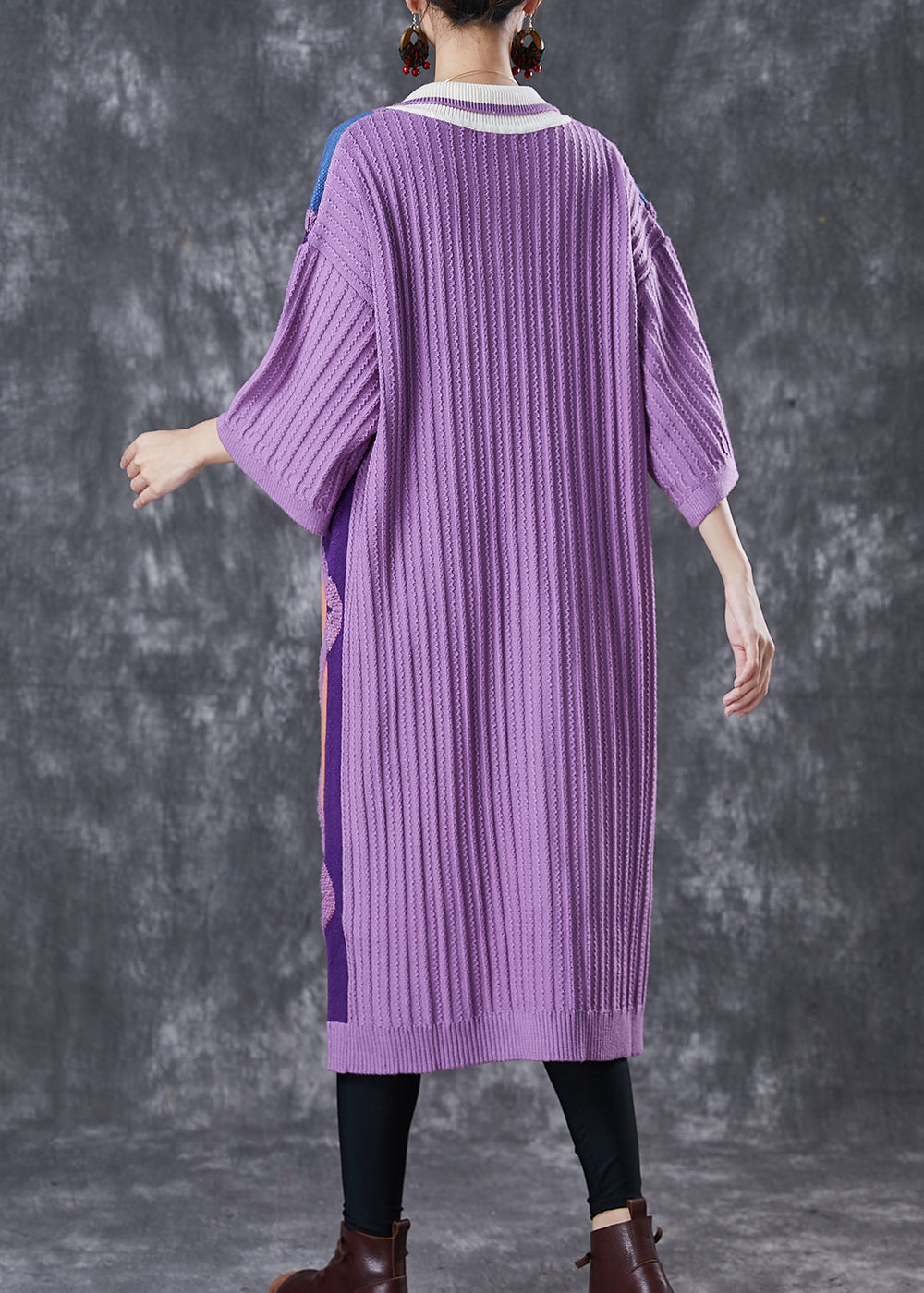 Purple Peter Pan Collar Print Knit Long Sweater Half Sleeve