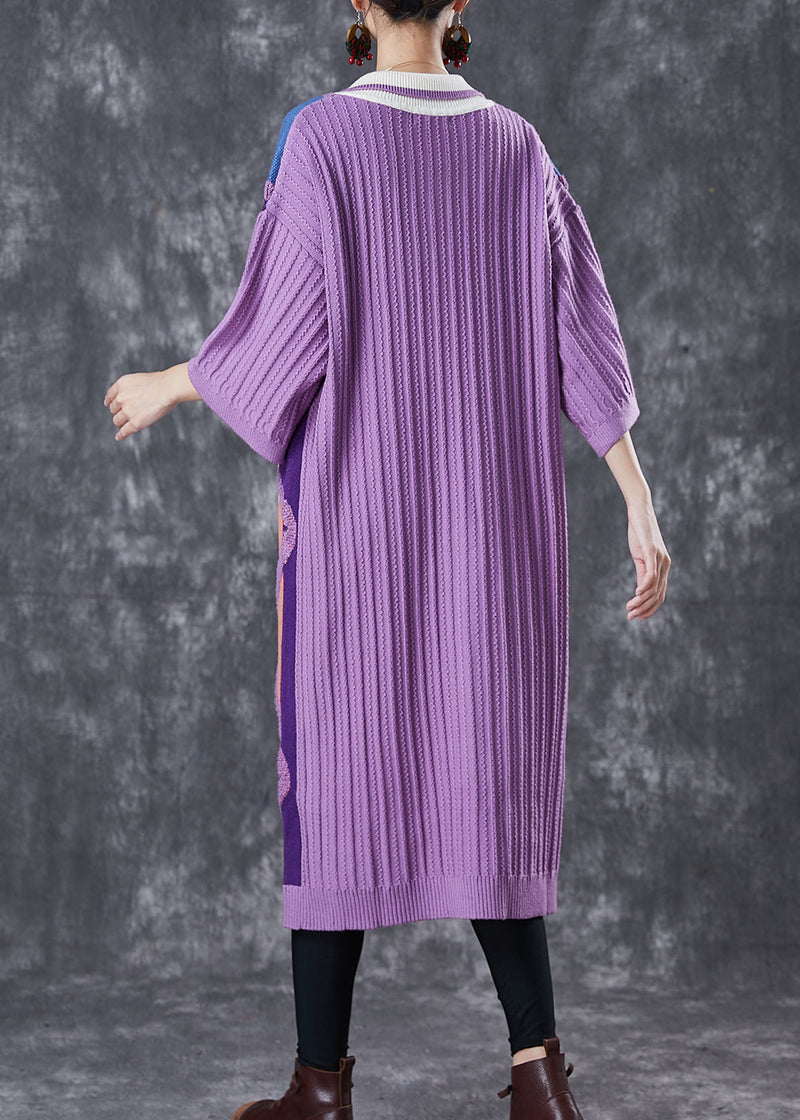 Purple Peter Pan Collar Print Knit Long Sweater Half Sleeve