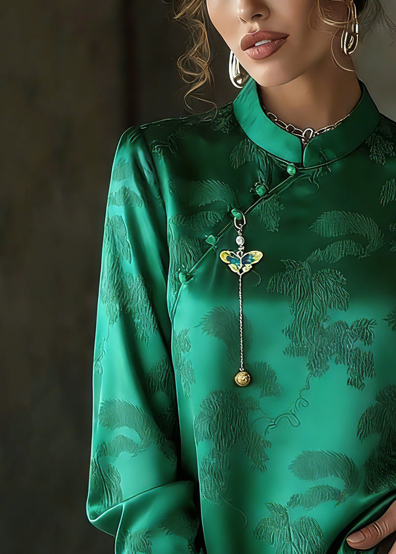 Fitted Green Stand Collar Embroidered Silk Shirts Spring