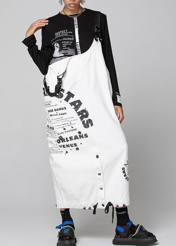White Graphic Denim Drawstring Dresses
