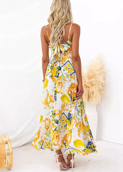 Stylish Yellow Print Lace Up Spaghetti Strap Dress Sleeveless