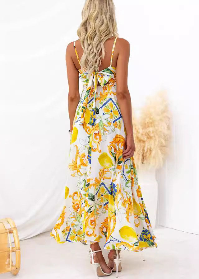 Stylish Yellow Print Lace Up Spaghetti Strap Dress Sleeveless