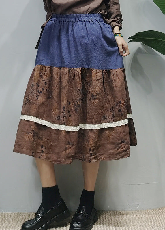 Chocolate Elastic Waist Lace Patchwork Print Linen a Line Skirts Summer