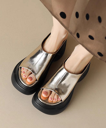 Gold Platform Heels Faux Leather Slide Sandals Peep Toe