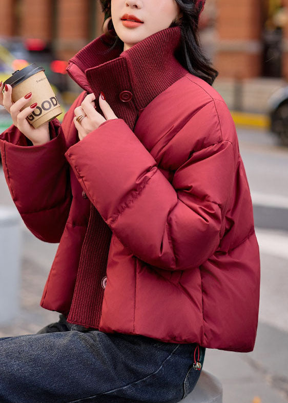 Red High Neck Patchwork Drawstring Fine Cotton Filled Puffer Jacket Winter