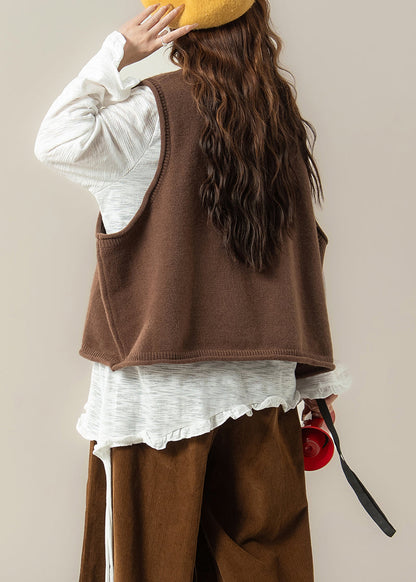 Coffee Dogs Knit Vest and White Ruffled T Shirt Knit Two Pieces Set Spring
