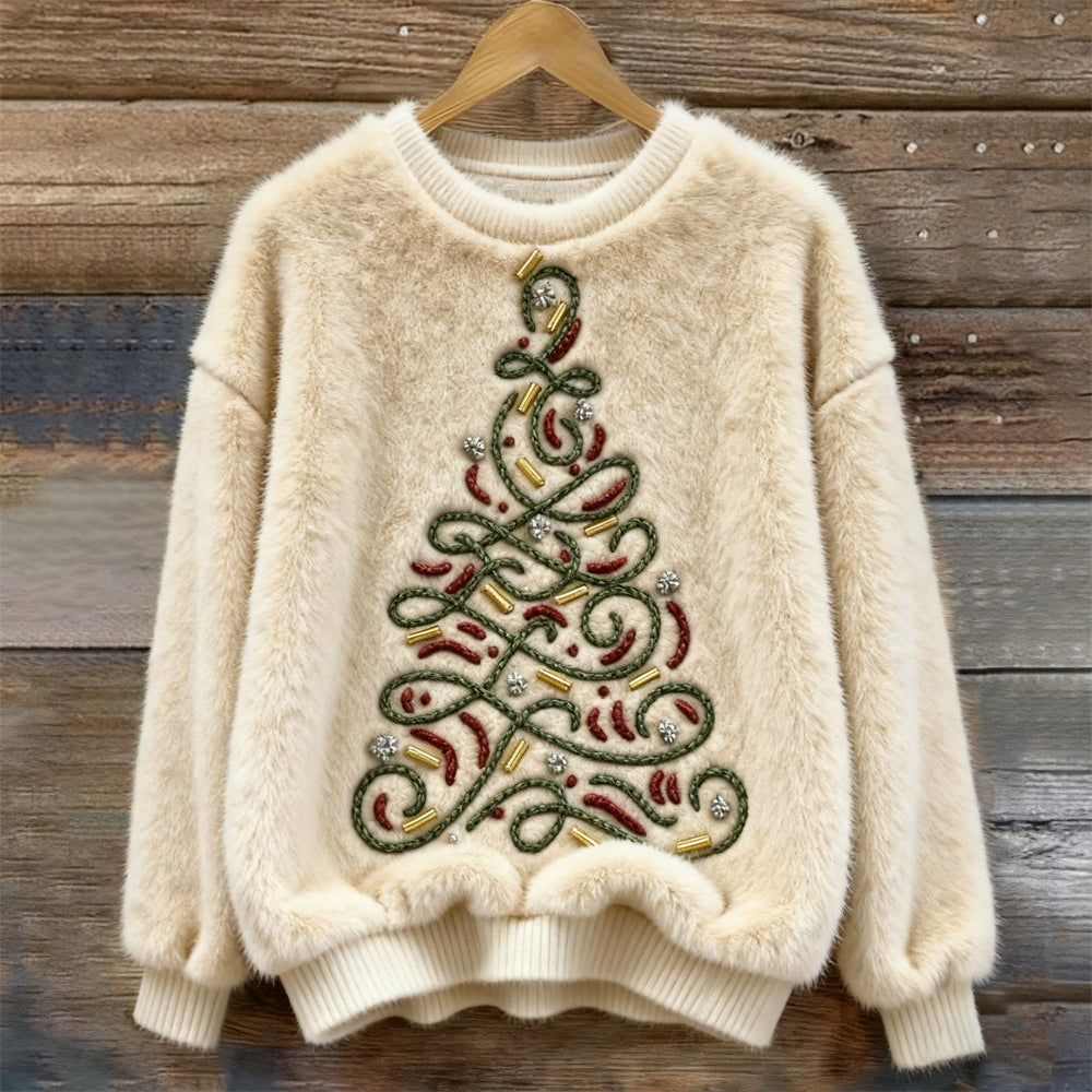 Comstylish Christmas Tree Embroidered Women's Cozy Plush Sweater