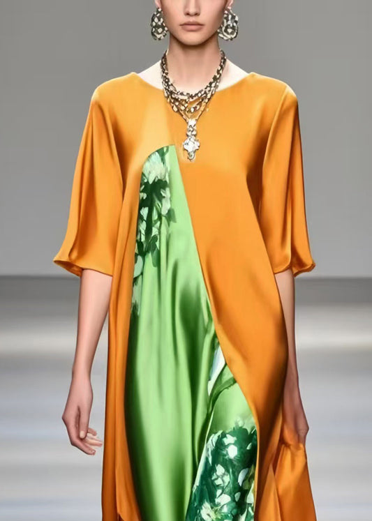 Orange Oversized Patchwork Silk Dresses Half Sleeve
