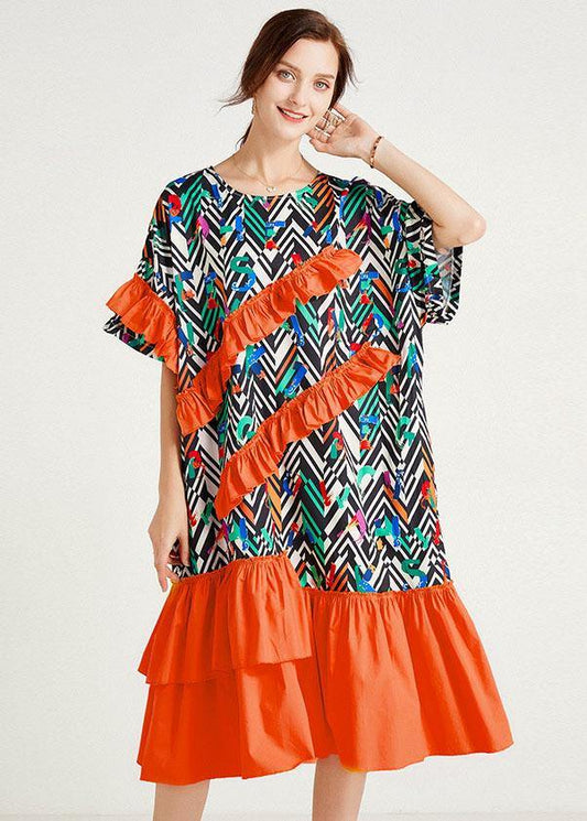 Orange Print Loose Ruffles Summer Long Dresses