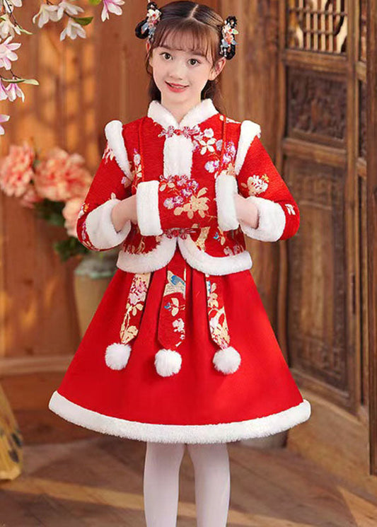 Red Print Coats and Skirts Two Pieces Set Long Sleeve