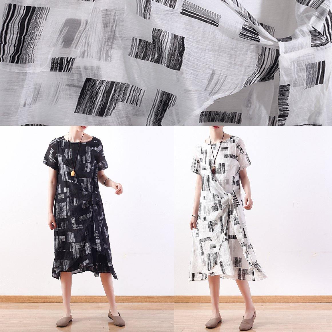 Italian White Prints Linen Dresses Asymmetric Loose Summer Dress