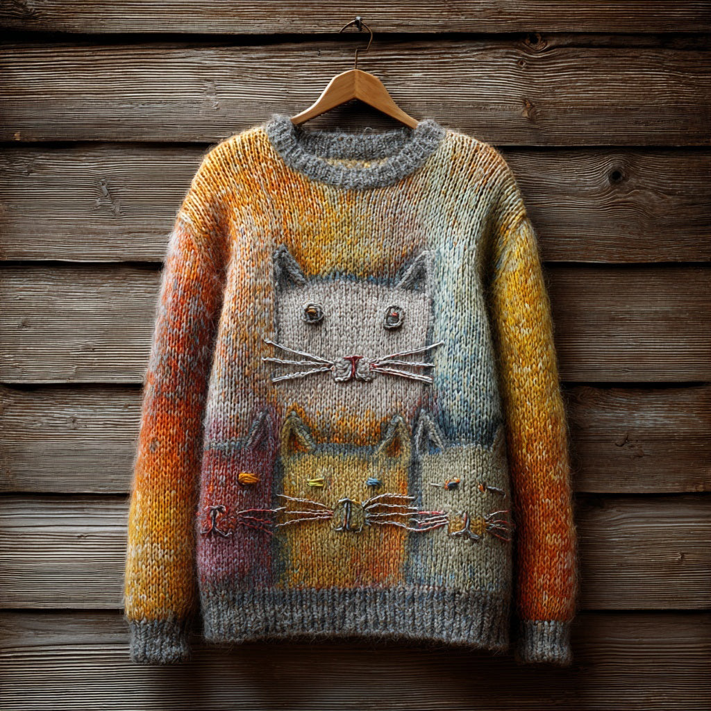 Cute Colorful Cats Embroidered Vintage Cozy Sweater elevenforest