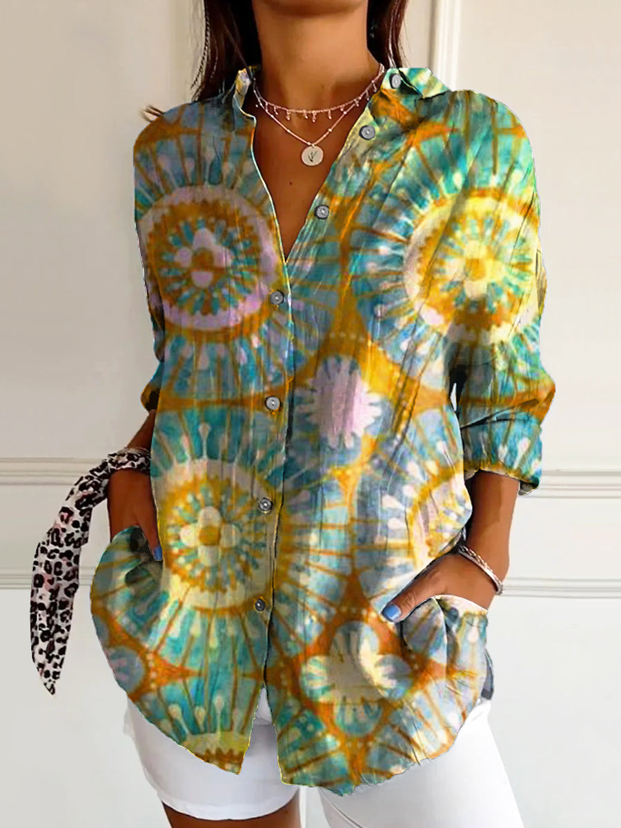 Women's Vintage Ethnic Floral Art Print Casual Cotton Shirt