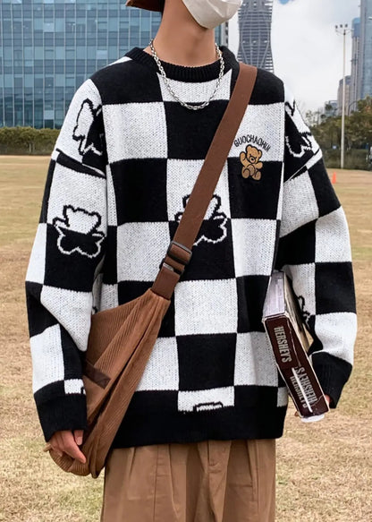 New Blue Plaid Patchwork Knit Sweater Winter