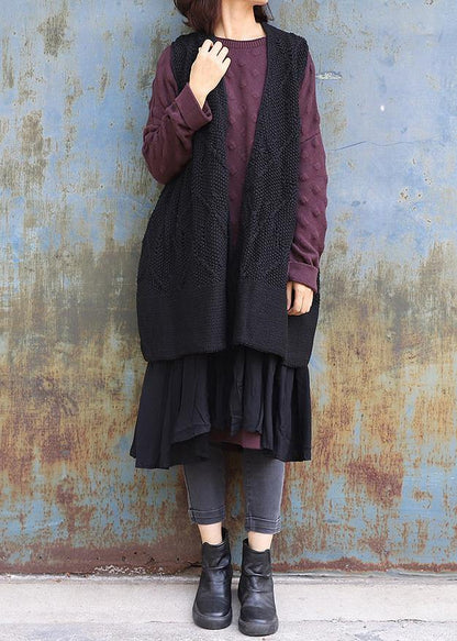 Sleeveless Knit Outwear Oversize Black Hollow Out Knit Cardigans