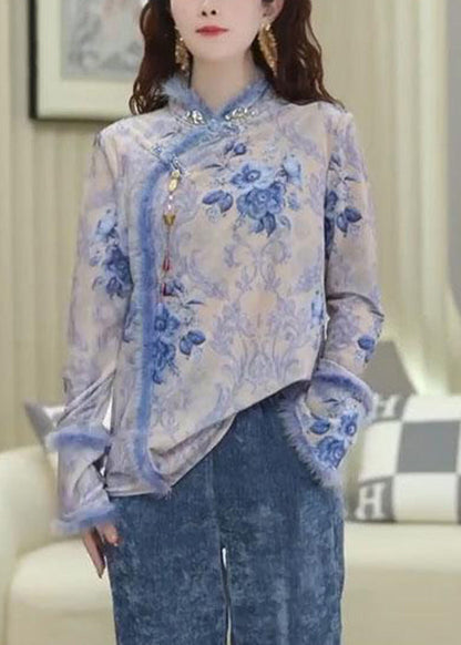 New Blue Button Print Patchwork Blouses Spring